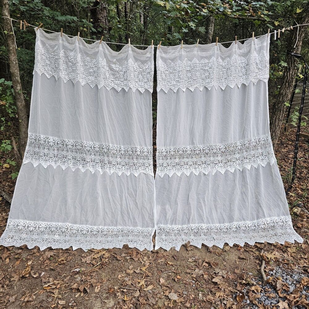 Ivory White Sheer Lace Curtain Panels with Attached Scalloped Valance 108x84"